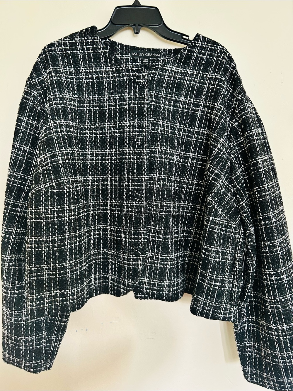 Ashley Graham Black and White Check Tweed Boxy Jacket